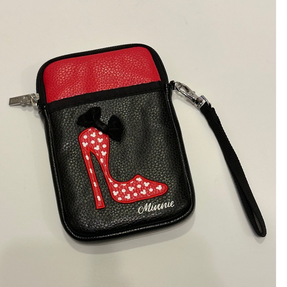 Disney Minnie Mouse Red Stiletto Heel ‎ Pouch Wristlet Black Red Polka Dot